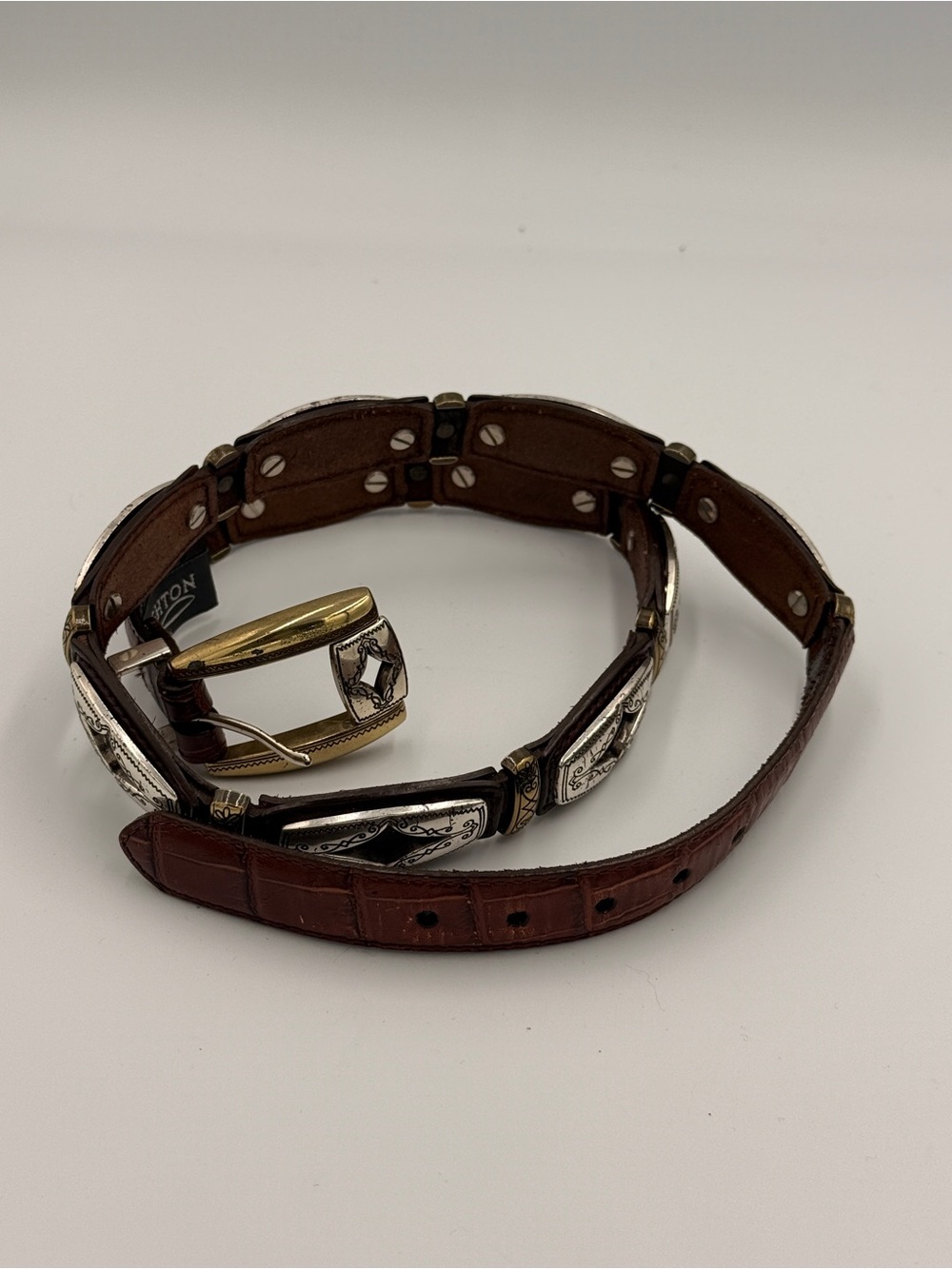 Brighton Brown Leather Western Concho Belt with Silver Accents and Gold Buckle